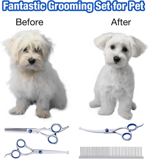 Dog Grooming Scissors with Safety Round Tips - 5 in 1 Grooming Scissors Kit, 4CR Stainless Steel Shears