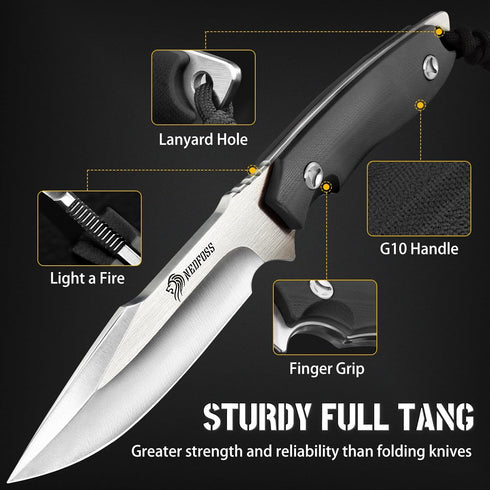 NedFoss Survival Knife with Fire Starter, Kydex Sheath, 9.25" Full Tang Camping Knife for Outdoor Hunting Fishing