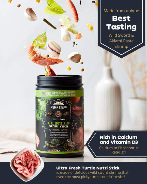 Ultra Fresh Turtle Nutri Stick, Wild Sword Prawn, Calcium & Vitamin D Enriched Turtle Food, 3.35 oz