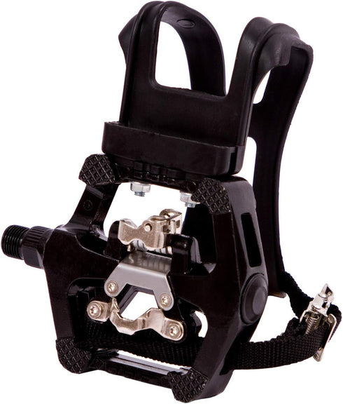 YBEKI SPD Pedals, Hybrid Pedal with Toe Clip & Straps, Suitable for Spin Bike & Indoor Exercise Bikes