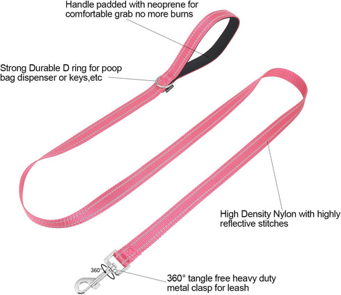 Reflective Nylon Dog Leash for Walking,Strong Dog Leash with Padded Handle for Medium and Large Dogs,6 FT,Hot pink