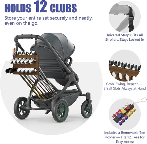 JOXPRING 12 5 Setup, Golf Stroller Attachment Universal Golf Club Holder for Strollers, Acacia Wood, Slots, Ball