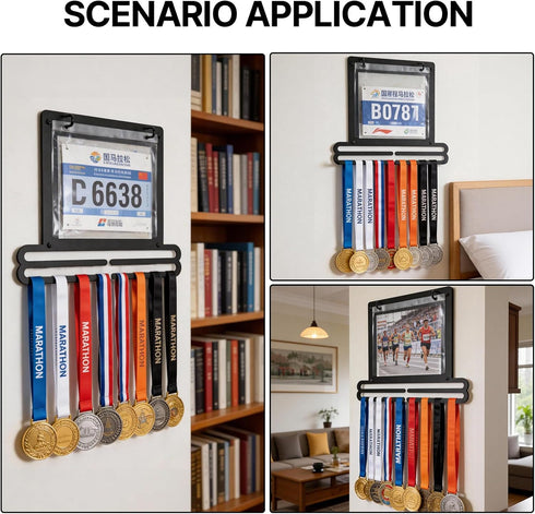 Kamnowal 10 20 40 Race Medal and Bib Display Wall Mounted Rack, Heavy Duty Metal Hanger with Clear Bib Holders, Holds