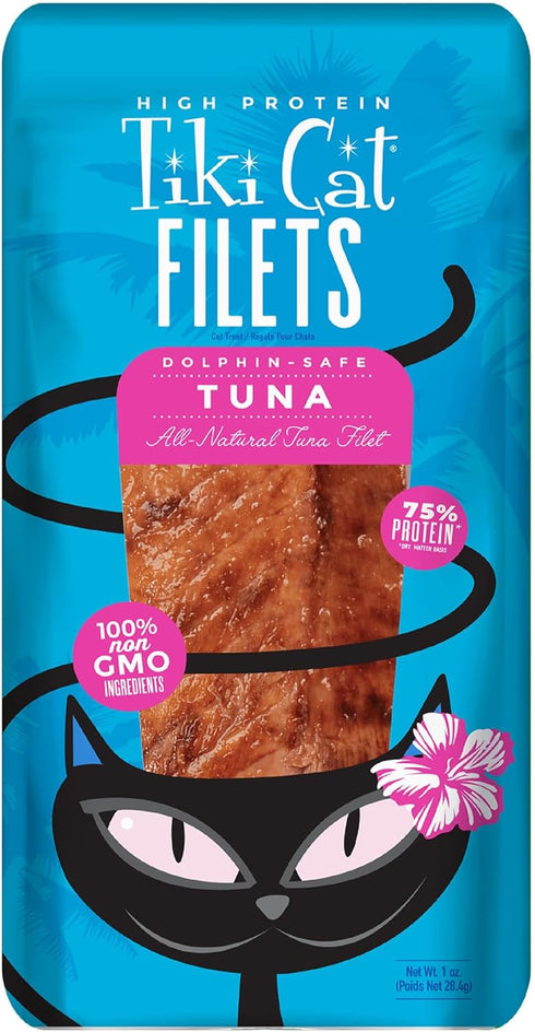Tiki Cat Filet, All Natural Tuna, High Moisture Non-GMO Wet Cat Food Topper, 1 oz Pouch, Pack of 12