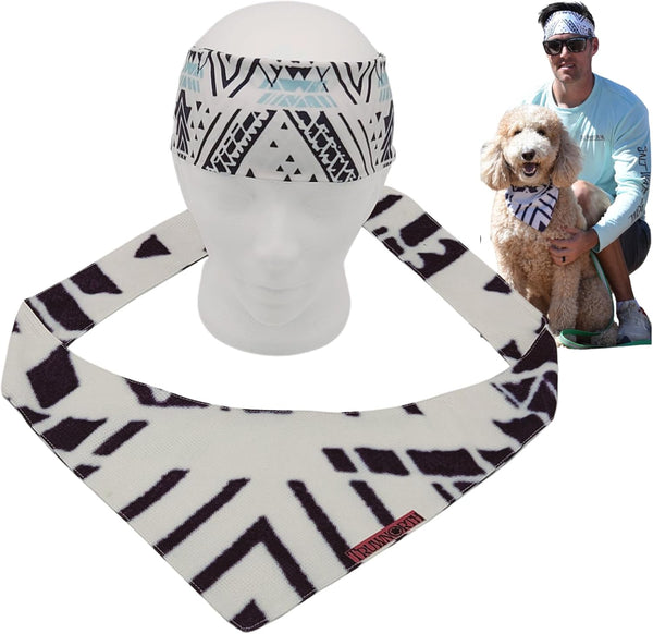 Dog Bandana and Men/Women Fitness Matching Headband Set, Cooling Pet Scarf for Dogs, Adult (Blue, X-Large)