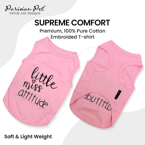 Parisian Pet Dog Tshirt - Embroidered “Little Miss Attitude“ Tank Top - 100% Cotton, Sleeveless Pink Tee