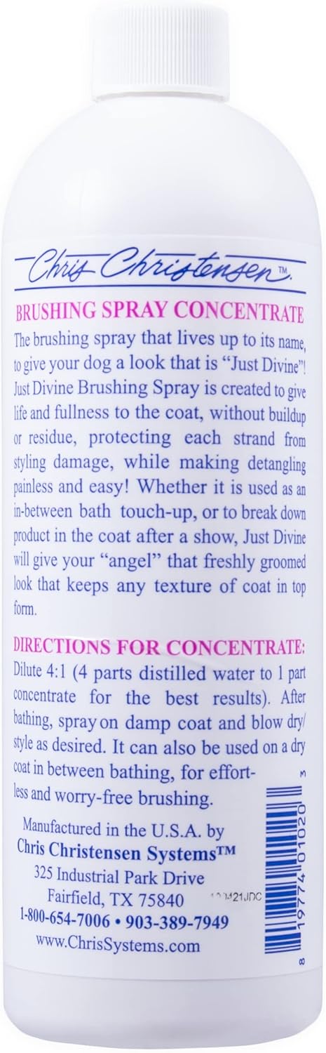 Chris Christensen Just Divine Dog Brushing Spray Concentrate, Light Detangler for All Coat Types, Made in USA, 16oz
