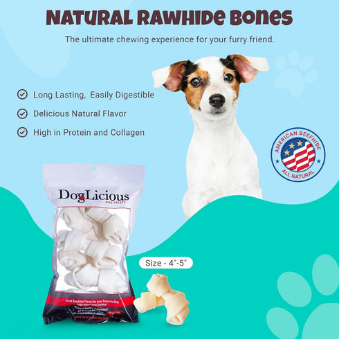 Dog Natural Rawhide Bones, Long Lasting Chews, Knotted Bones 4”-5” (50873)