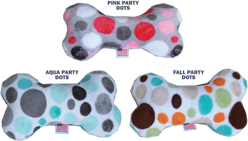 Pet and Dog Plush 6" Bone Toy, "Party Dots Group", Aqua Party Dots (Available in 3 Colorway Options)