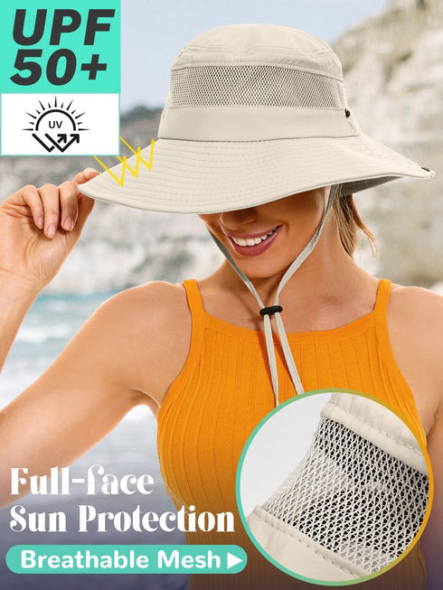 Sun Hat for Women with Ponytail Hole, UPF50+ Waterproof Beach Bucket Safari Hiking Hat