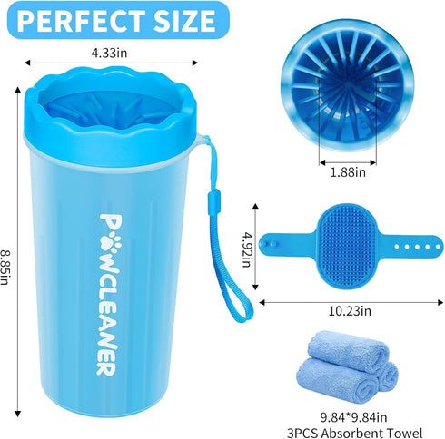 Comotech Dog Paw Cleaner with Bath Brush & Towels - Adjustable Ring Handle for Long and Short-Haired Dogs