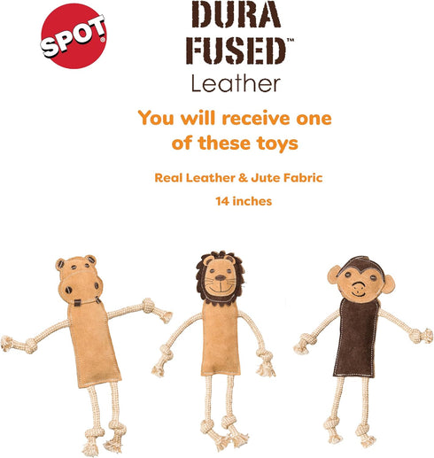 SPOT Dura-Fused Leather Jungle Animals Dog Toy with Squeakers and Rope Limbs, 14in, Assorted Styles