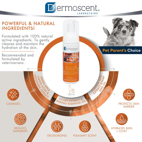 Dermoscent Essential Mousse 150ml Dry Shampoo for Dogs & Small Mammals, Rinse-Free Foam for Odour Control.