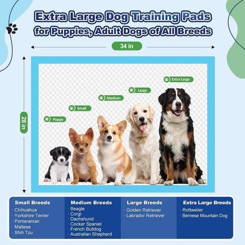 100 Count, 34"x28" Puppy Pads XL Dog Pee Pads Extra Large, Pee Pads for Dogs, X-Large Disposable Dog Training Pads