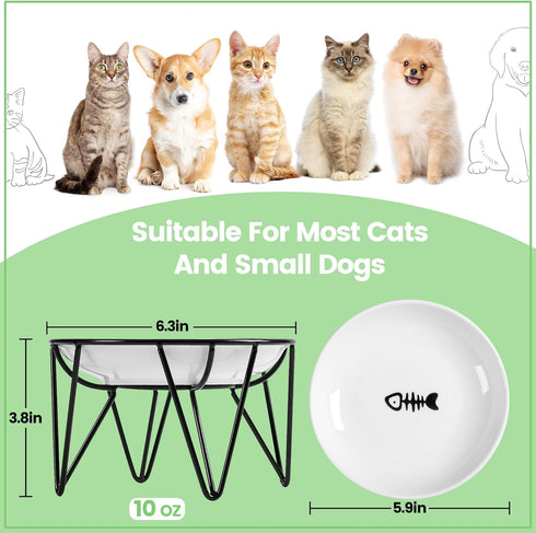 Ceramic Cat Bowls, 2 Pack - 10 oz Raised, Whisker Friendly, Anti-Vomiting Food Plates for Indoor Cats & Kittens