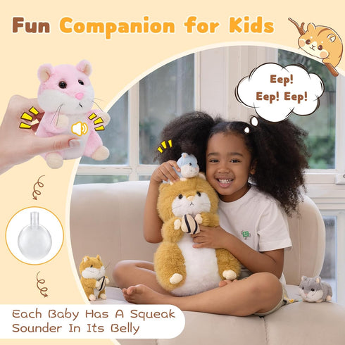 4 13" MorisMos Realistic Hamster Stuffed Animal with Surprise Squeaky Babies - Mama Plush Hamster Toy for Kids Girls