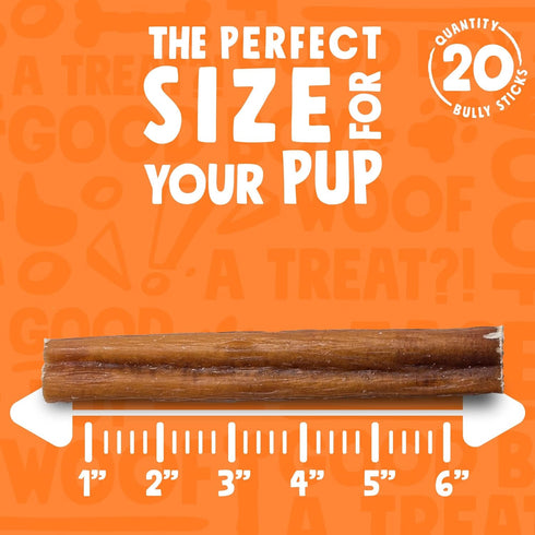 Bully Sticks for Small Dogs | All Natural, Single Ingredient, 6" Standard Bully Sticks, 20 Pack