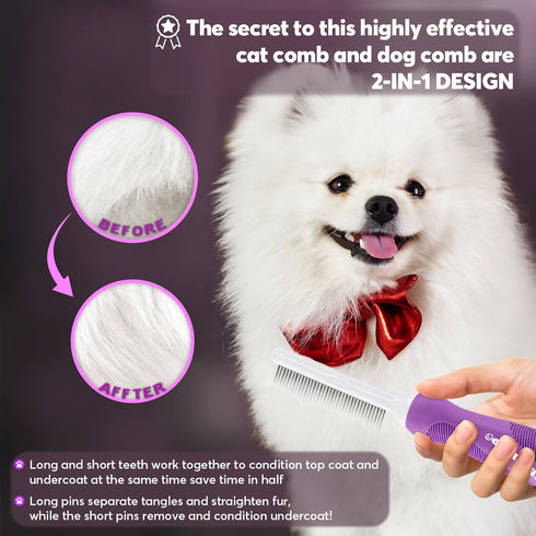 Grooming Comb for Dogs and Cats, Detangling Pet Comb with Long and Short Stainless Steel Teeth
