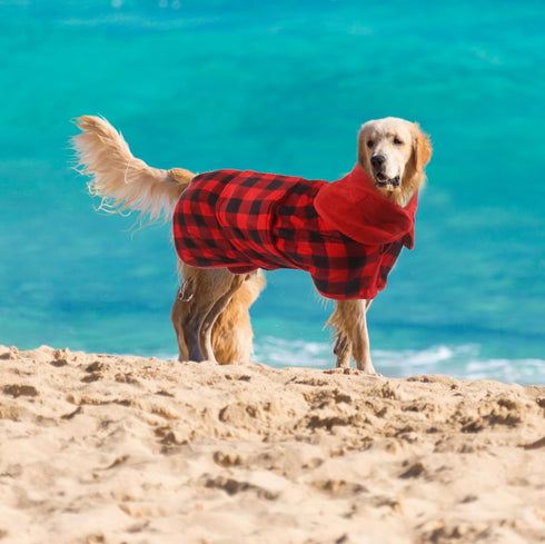 Geyecete Dog Drying Coat, Microfibre Fast Drying Bathrobe Towel, Luxuriously Soft for Pets, Red Black Grid-XXL