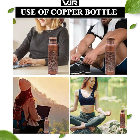 VJR Copper Bottle 33 Oz for Drinking Water Ayurvedic Leak Proof Floral Engraved Design
