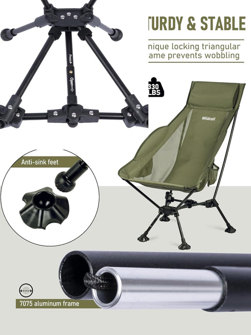 WildCall Lightweight Folding High Back Camping Chair with Head Support, Compact Beach Chair with Anti-Sinking Large