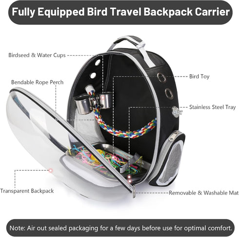 Bird Travel Backpack Carrier for Small Medium Birds, Space Capsule Clear Bubble Window with Stainless Steel Tray and