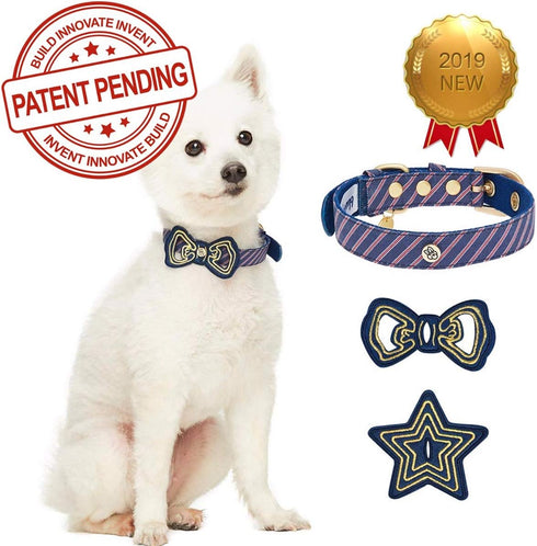Blueberry Pet Adjustable Dog Collar with Metal Buckle and 2 Detachable Bowtie, Blue Asymmetric Stripe
