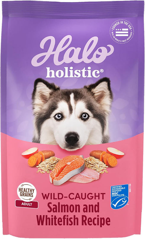 Halo Purely for Pets Holistic Adult Dog Healthy Grains, Wild-Caught Salmon & Whitefish Recipe, 3.5 lb