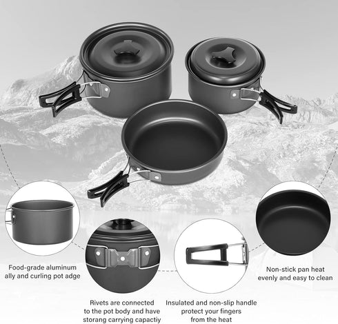 Lixada Camping Cookware Mess Kit, 10pcs Non-Stick Lightweight Stackable Pot Pan Bowls with Storage Bag for Hiking