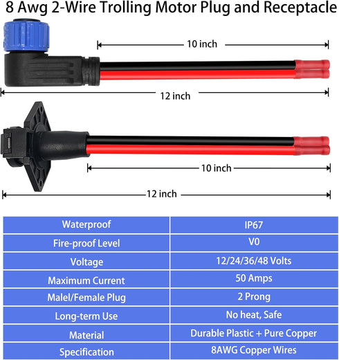 Trolling Motor Plug and Receptacle, 12V/24V/36V/48V 8 Gauge 2-Wire Compatible with Minn Kota Marine Boat, Waterproof