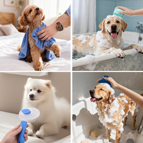 9 Set PAWCHIE Bath Grooming Kit for Pets, PCS Hair Brush with Towel,Washing Gloves,Bath Brush and Adjustable Handle