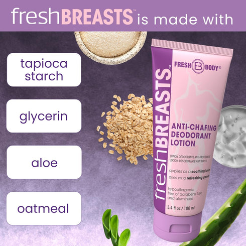 Set 3.4oz .07oz (15 pack) FRESH BREASTS - Anti Chafing Deodorant Lotion to Powder for Women, + On-The-Go Travel Size