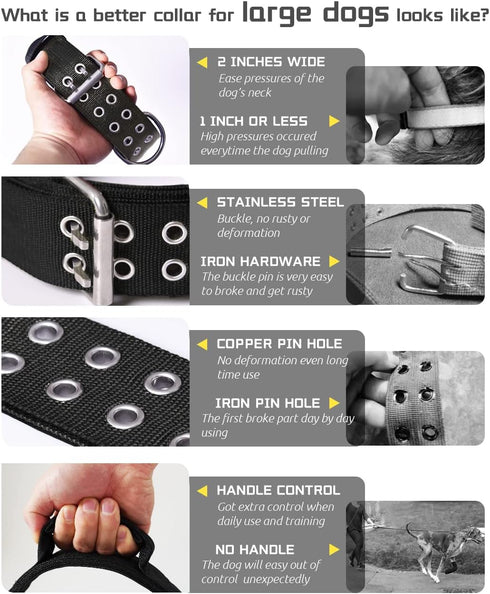 Large Dog Collar, Black Heavy Duty for Giant Breed Dogs, 2 inch Wide with Handle, Strong Nylon and Stainless Hardware