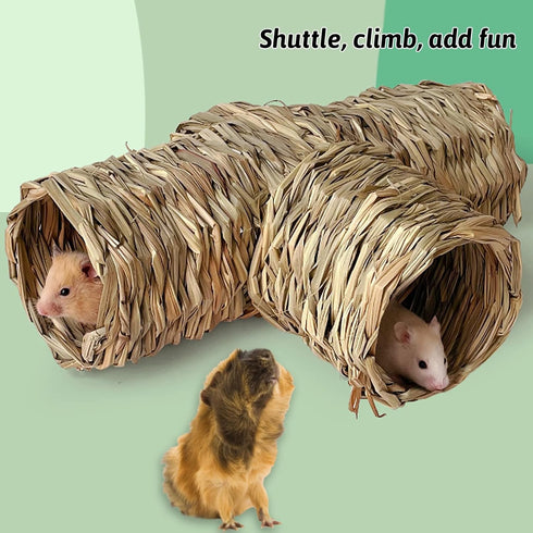 Hamiledyi Nature's Hideaway Hamster Grass Tunnel Toy, Open Entrance Straw House for Guinea Pigs, Hamsters, and Birds
