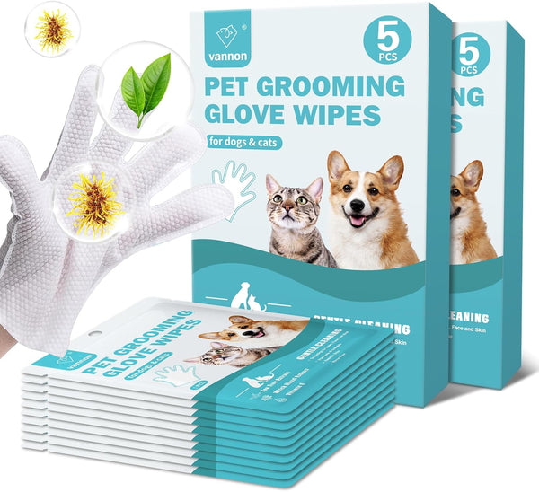 Portable Pet Bathing Wipes for Dogs & Cats, Extra Thick Grooming Glove Wipes for Daily Care, 2 Pack, 10 PCS