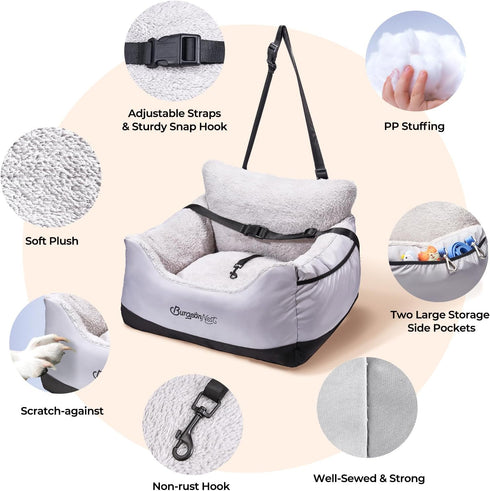 25 lbs, BurgeonNest Dog Car Seat for Small Dogs, Detachable and Washable Cat Carseats Under Soft Pet Booster Seats