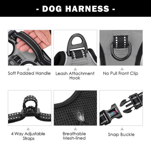 PHOEPET No Pull Dog Harness, Medium Reflective Front Clip Vest with Handle, Adjustable 2 Metal Rings