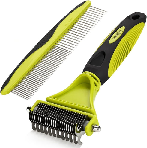 Pecute Pet Dematting Tool 2 Pack - Double Sided Rake & Comb for Medium or Long-haired Dogs & Cats