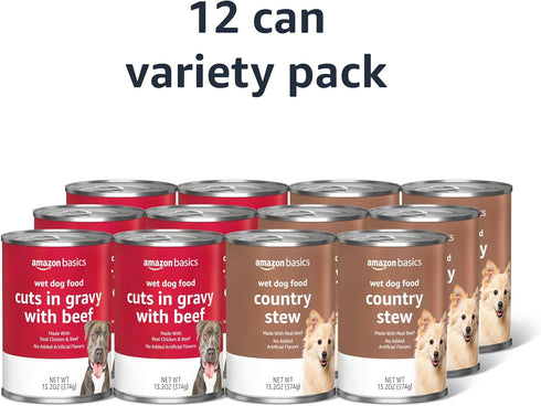 Pack, Country 13.2oz (Pack 12) Amazon Basics Wet Dog Food Variety Stew Flavor and Cuts in Gravy with Beef, Made