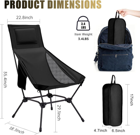2-in-1 Backpacking High Back Folding Camping Chair with Pillow, Lightweight Portable Chair for Adults, Height