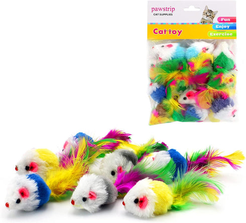 pawstrip 12 Pcs Cat Mouse Toys - Rattle Mice for Indoor Cats, Interactive Play Squeaky Fur Mice with Rattling Sounds