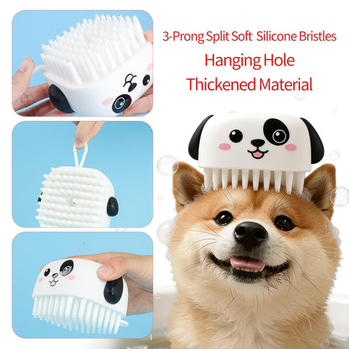 NOWANDBIRD 3PCS 2 Pet Grooming Kit Dog Bath Brush with Soap Dispenser & Finger Toothbrushes | Silicone Dog Shampoo