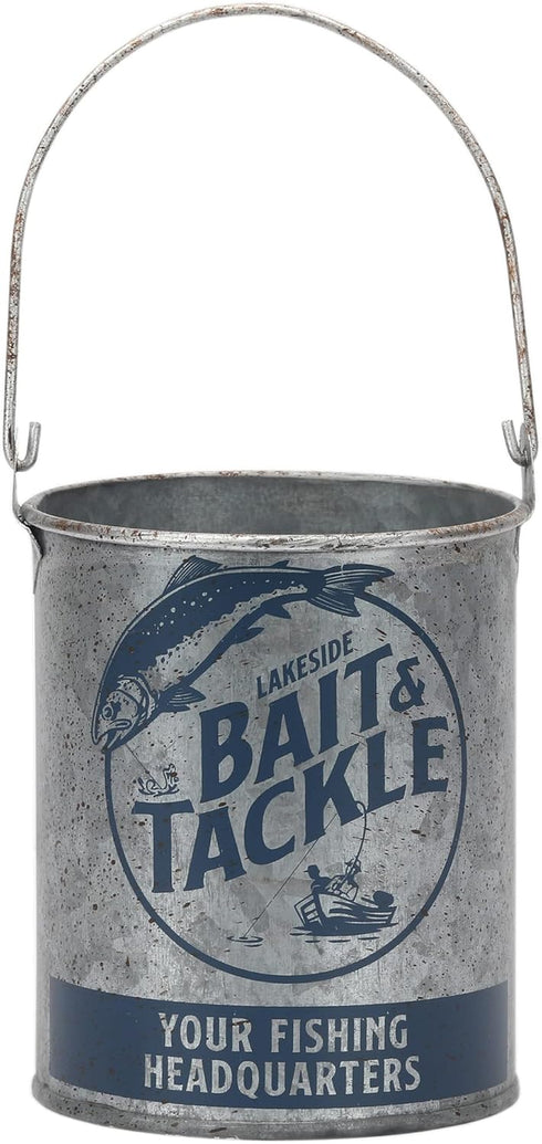 Lakeside Bait and Tackle Metal Bucket - Decorative Fishing Pail for Pencils, TV Remotes, or Tools