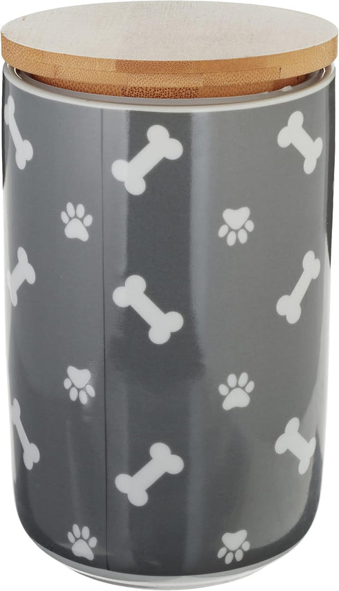 Bone Dry Ceramic Canister for Pet Treats, Bamboo Twist Lid, Dishwasher Safe, 4x6.5, Gray Paw & Bone