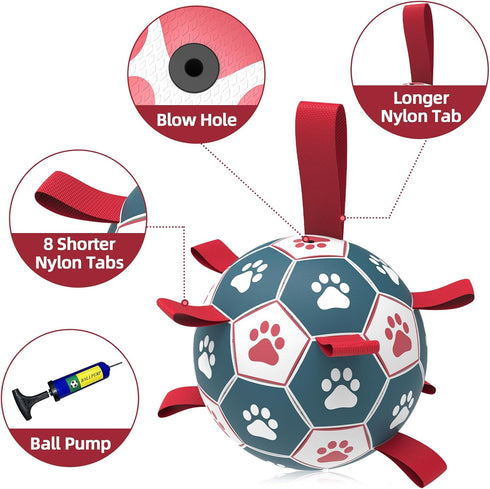 QDAN Extra Large Dog Toys, Soccer Ball with Straps, Interactive Tug of War Toy for Large Dogs - Blue & Red (9 Inch)