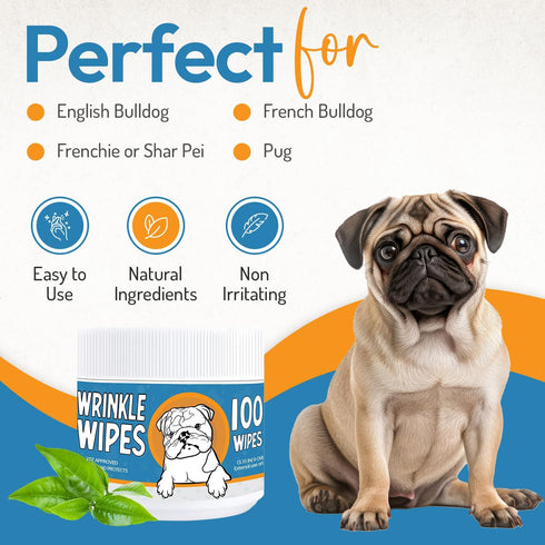 Wrinkle Wipes for Dogs - 100 Count Dog Wipes for French Bulldog, English Bulldog, Pugs - Cleaning & Soothes