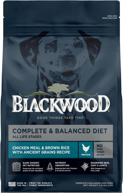Blackwood Complete & Balanced Diet Dry Dog Food, Chicken Meal & Brown Rice with Ancient Grains, 4.5 Pound Bag