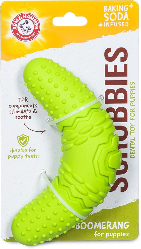 Arm & Hammer Scrubbies Boomerang Chew Toy for Puppies, Durable Teething Toy with Unique Shape for Fetch