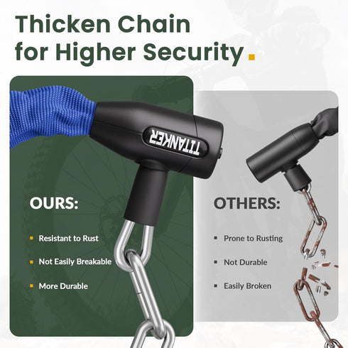 Titanker Security Anti-Theft Bike Chain Lock, 6mm, 8mm, 10mm Thick Chain for Bicycle, Motorcycle, Door, Gate