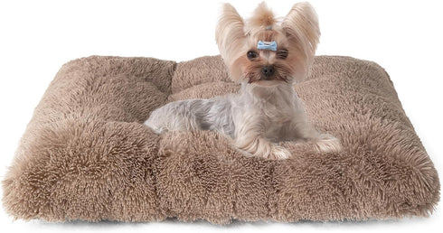 EHEYCIGA Fluffy Dog Crate Pad, Plush Faux Fur Washable Anti-Anxiety Bed for Small Dogs, Camel